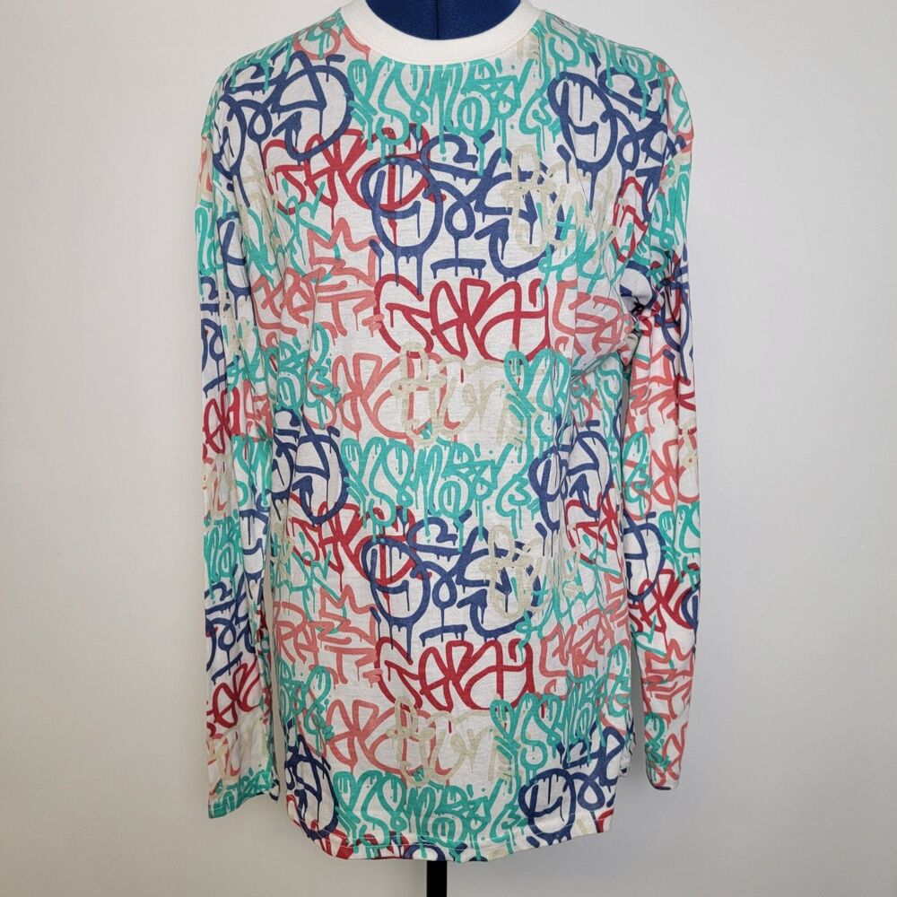 Massive Mens Multicolor Graffiti AOP Long Sleeve Crew Neck Cotton Blend Shirt L